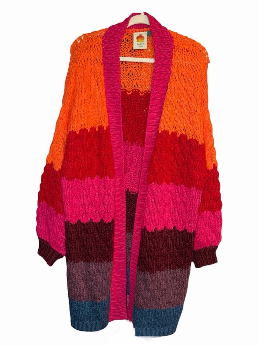 FARM Rio Orange/Red/Pink Rainbow Oversized Crochet Knit Cardigan Sweater, Size L - Picture 2 of 8